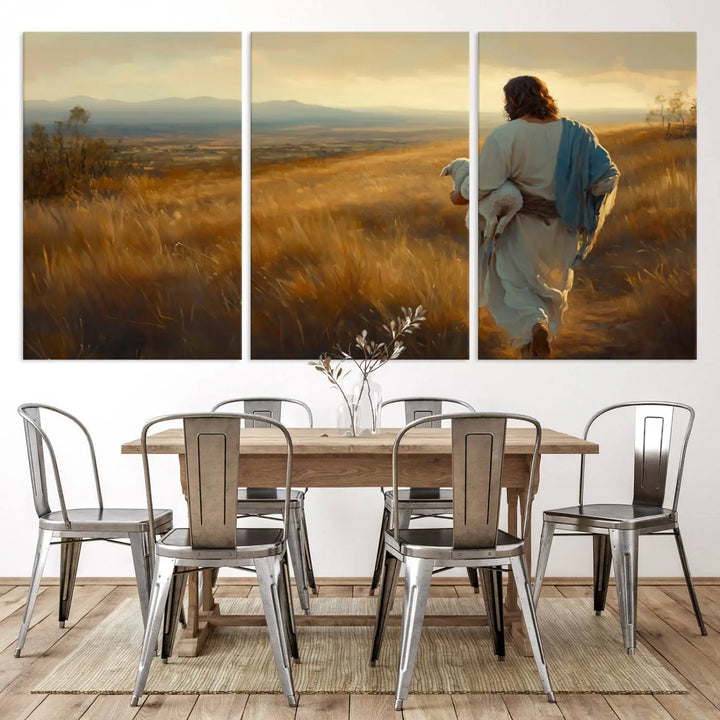 The "Jesus the Good Shepherd Wall Art Canvas Print" features an inspirational Christian religious design of a shepherd carrying a lamb, making it a beautiful piece of wall art.