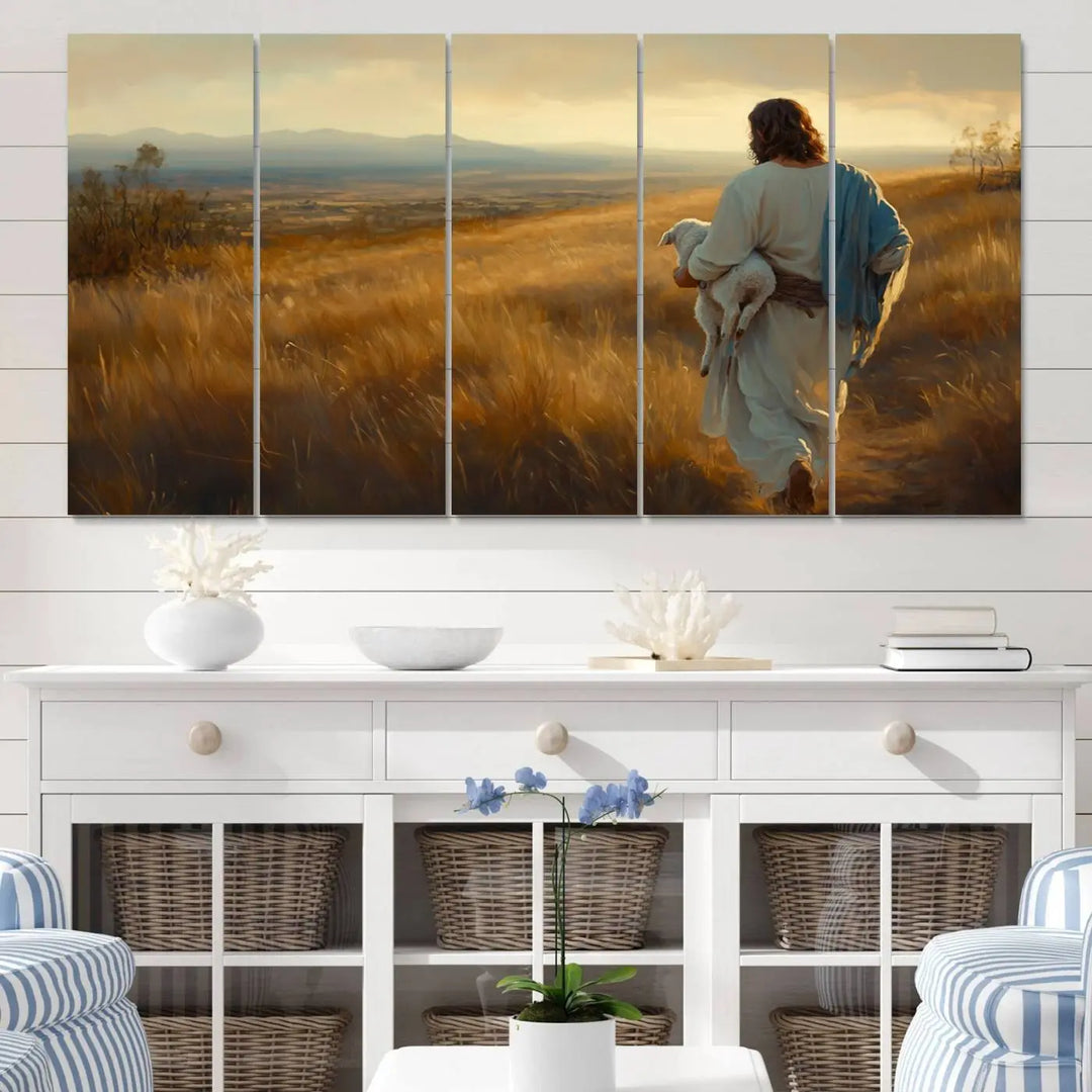 The "Jesus the Good Shepherd Wall Art Canvas Print" features an inspirational Christian religious design of a shepherd carrying a lamb, making it a beautiful piece of wall art.