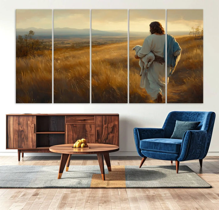 The "Jesus the Good Shepherd Wall Art Canvas Print" features an inspirational Christian religious design of a shepherd carrying a lamb, making it a beautiful piece of wall art.