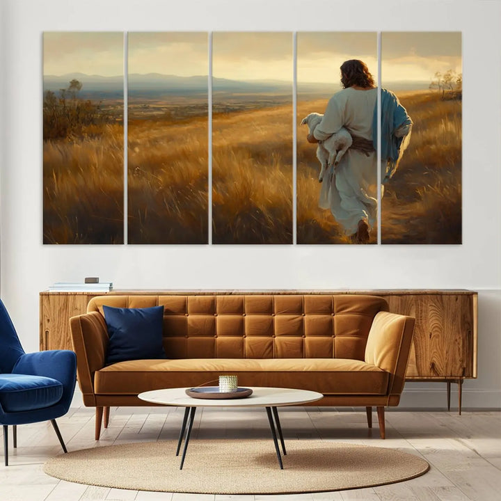 The "Jesus the Good Shepherd Wall Art Canvas Print" features an inspirational Christian religious design of a shepherd carrying a lamb, making it a beautiful piece of wall art.