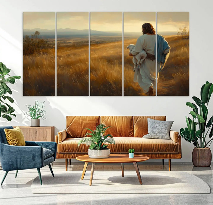 The "Jesus the Good Shepherd Wall Art Canvas Print" features an inspirational Christian religious design of a shepherd carrying a lamb, making it a beautiful piece of wall art.