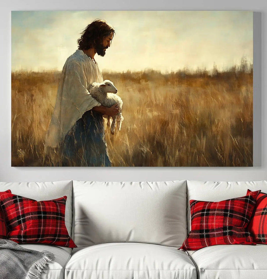 The Jesus the Good Shepherd Wall Art Canvas Print, showcasing an inspirational Christian religious scene of a person holding a lamb in a sunlit field, adds an elegant touch to your home decor.