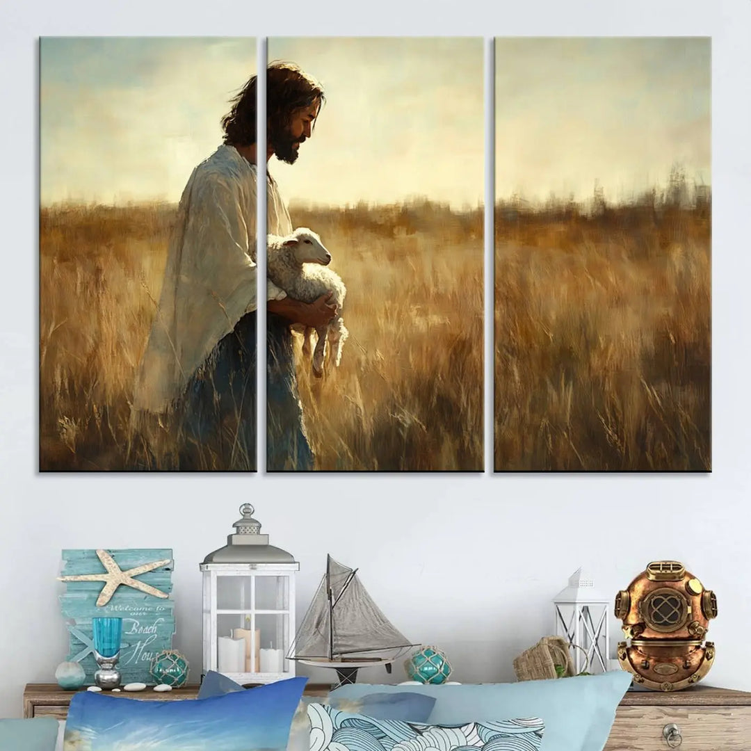 The Jesus the Good Shepherd Wall Art Canvas Print, showcasing an inspirational Christian religious scene of a person holding a lamb in a sunlit field, adds an elegant touch to your home decor.