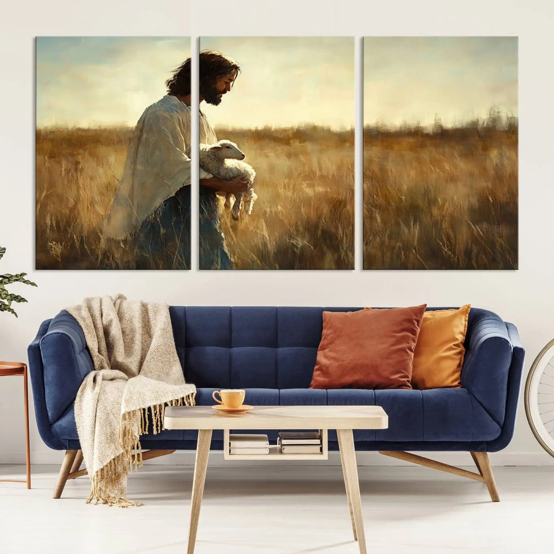 The Jesus the Good Shepherd Wall Art Canvas Print, showcasing an inspirational Christian religious scene of a person holding a lamb in a sunlit field, adds an elegant touch to your home decor.