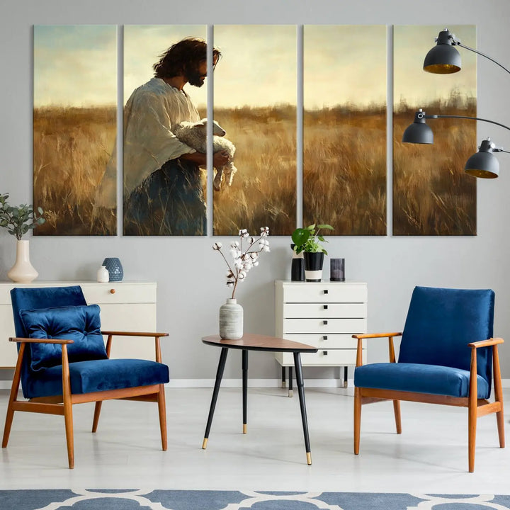 The Jesus the Good Shepherd Wall Art Canvas Print, showcasing an inspirational Christian religious scene of a person holding a lamb in a sunlit field, adds an elegant touch to your home decor.