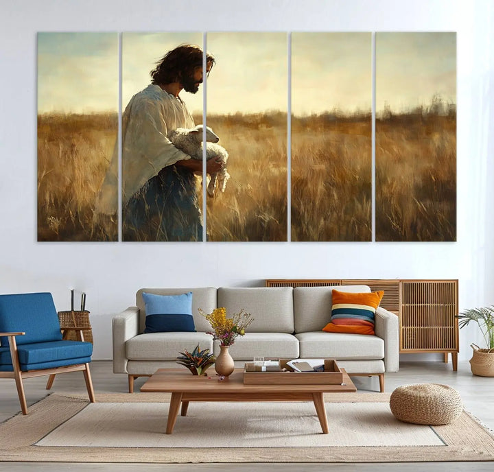 The Jesus the Good Shepherd Wall Art Canvas Print, showcasing an inspirational Christian religious scene of a person holding a lamb in a sunlit field, adds an elegant touch to your home decor.