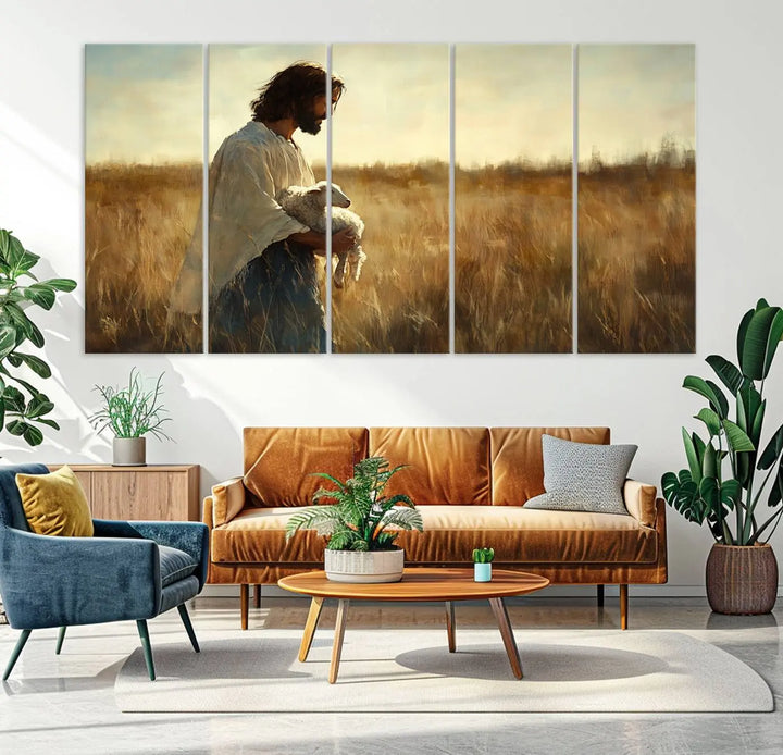 The Jesus the Good Shepherd Wall Art Canvas Print, showcasing an inspirational Christian religious scene of a person holding a lamb in a sunlit field, adds an elegant touch to your home decor.