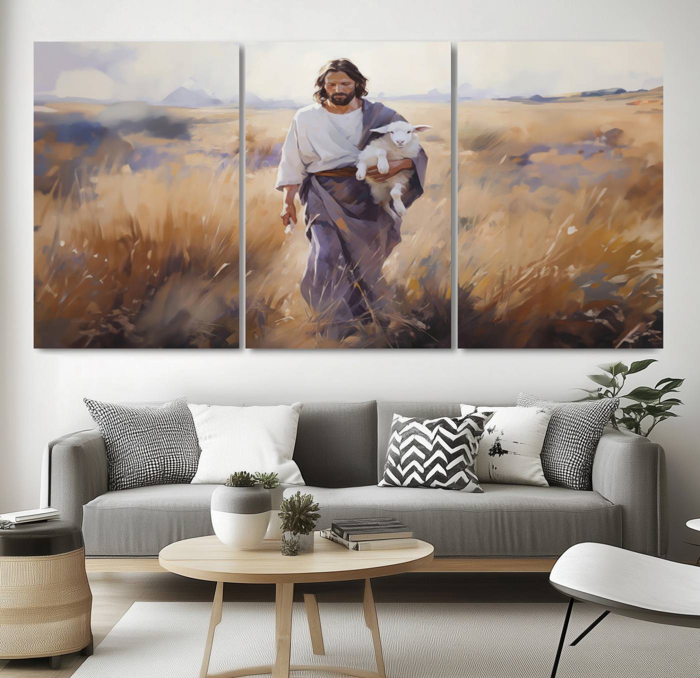15645-MGV-CV-36X24-Jesus the Good Shepherd Wall Art Canvas Print - Lost Lamb Print for Prayer Room Decor