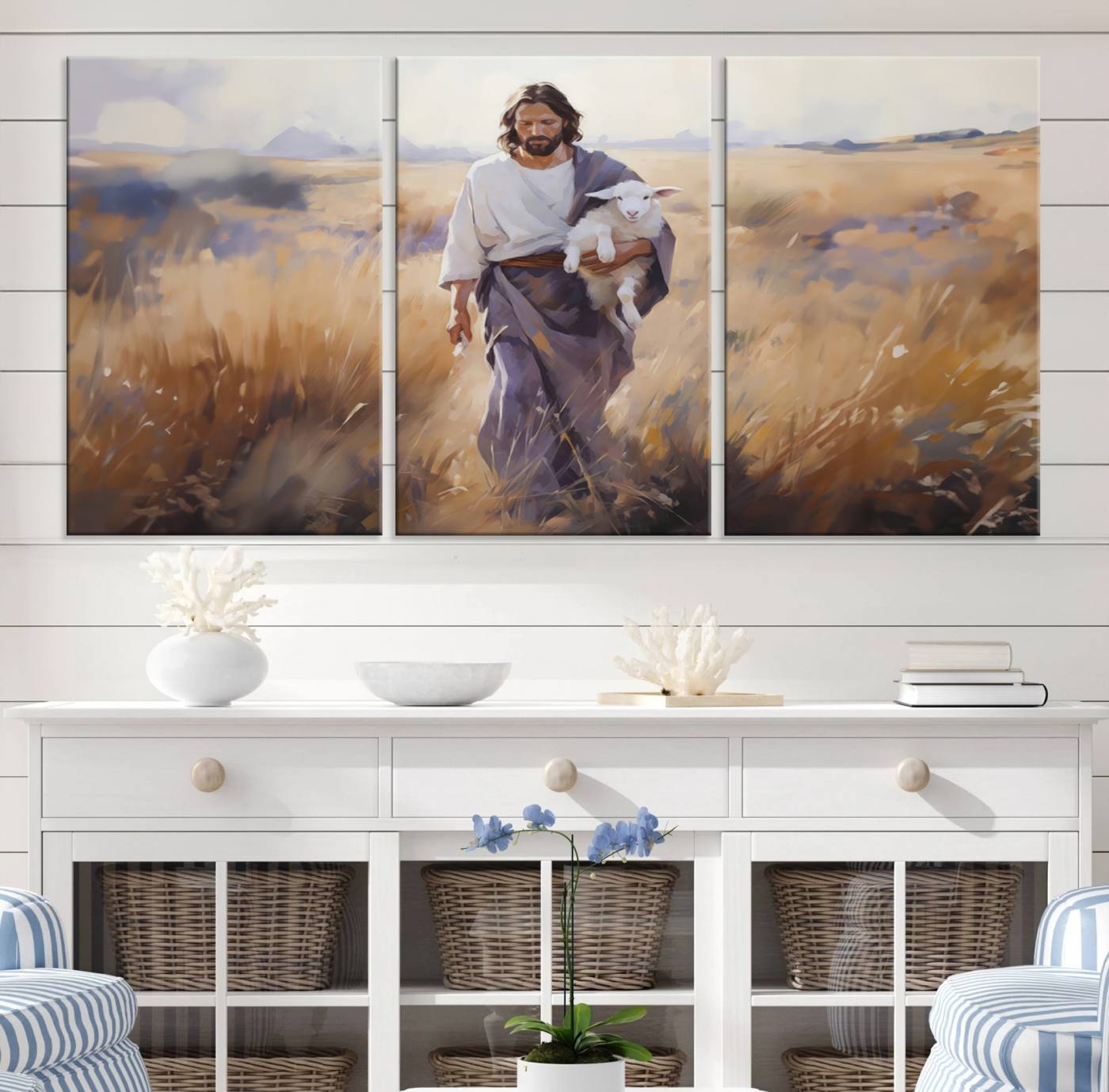 15645-MGV-CV-36X24-Jesus the Good Shepherd Wall Art Canvas Print - Lost Lamb Print for Prayer Room Decor