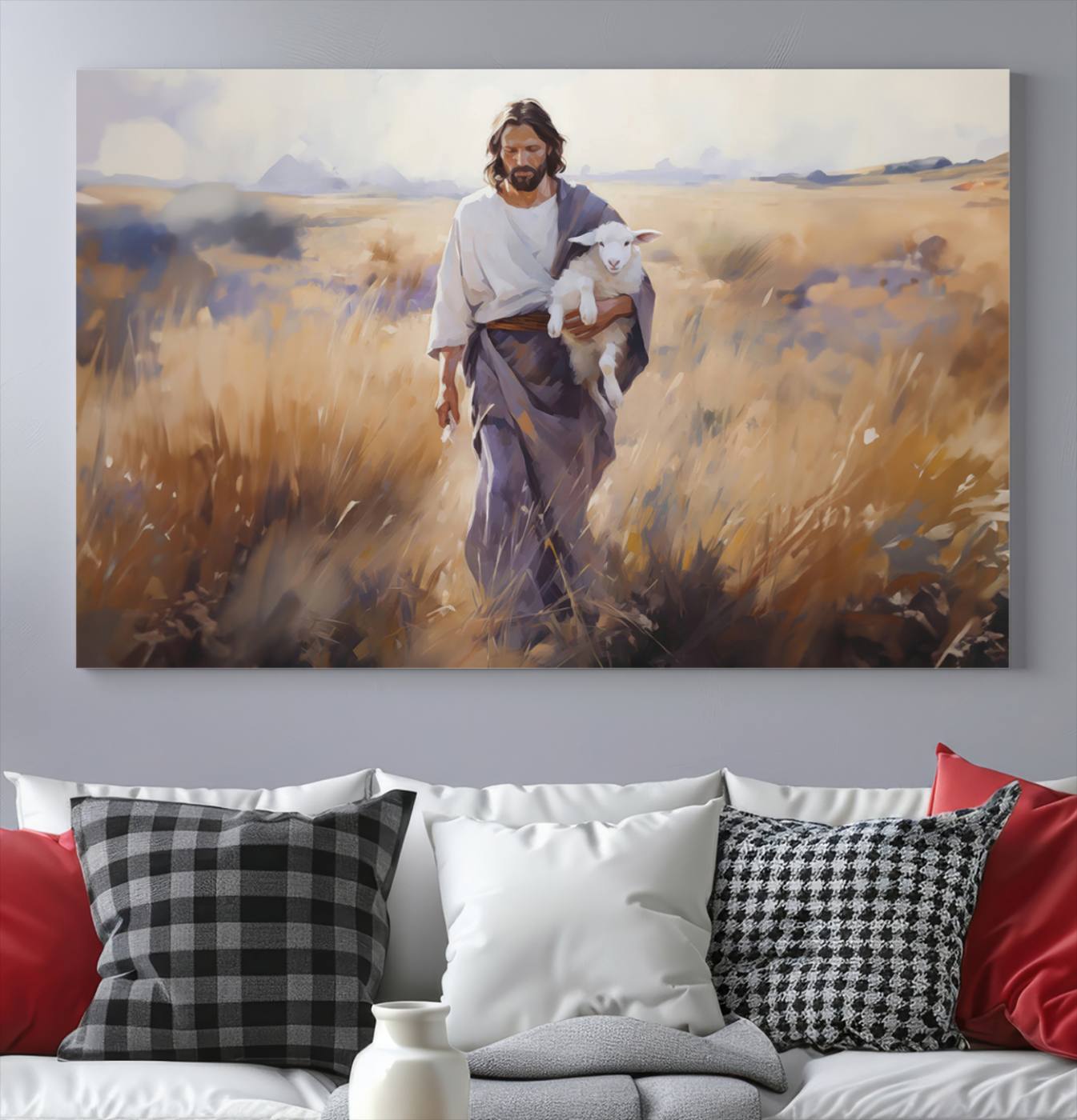 15645-MGV-CV-36X24-Jesus the Good Shepherd Wall Art Canvas Print - Lost Lamb Print for Prayer Room Decor