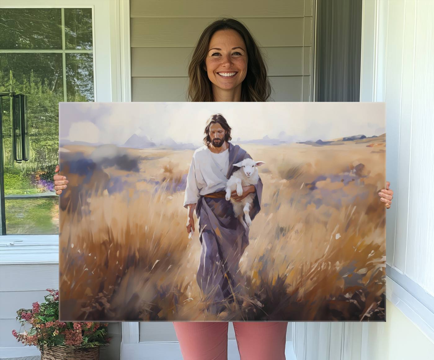 15645-MGV-CV-36X24-Jesus the Good Shepherd Wall Art Canvas Print - Lost Lamb Print for Prayer Room Decor