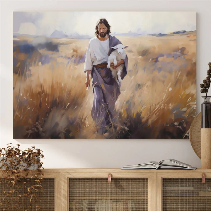 Introducing the Jesus the Good Shepherd Wall Art Canvas Print - Lost Lamb: a captivating triptych depicting a robed man holding a lamb in a radiant golden field. This elegant piece is perfect for adding a touch of traditional Christian decor to your living space, seamlessly blending faith with contemporary style.