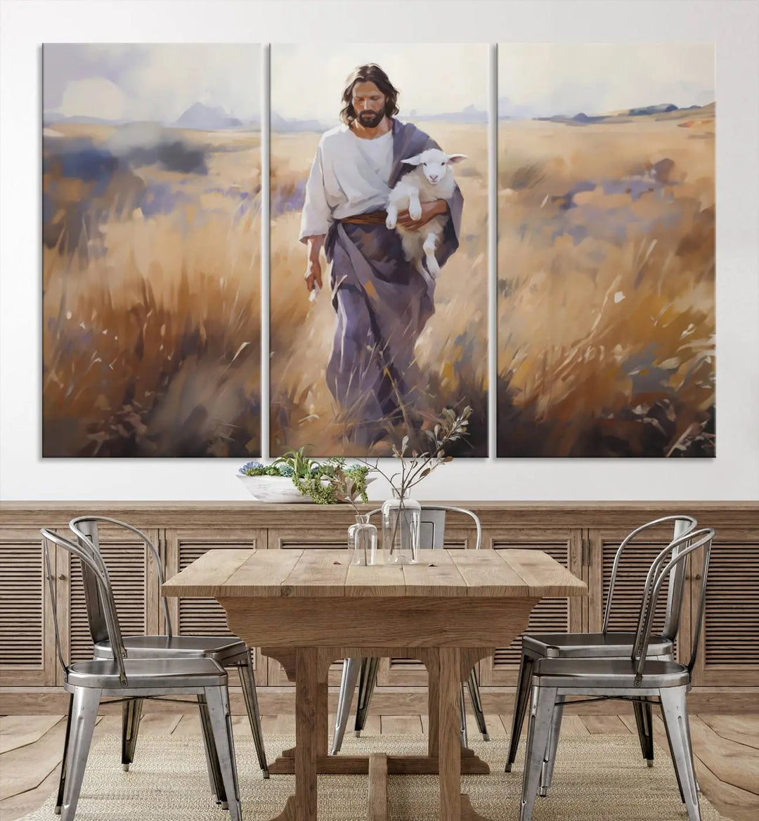 Introducing the Jesus the Good Shepherd Wall Art Canvas Print - Lost Lamb: a captivating triptych depicting a robed man holding a lamb in a radiant golden field. This elegant piece is perfect for adding a touch of traditional Christian decor to your living space, seamlessly blending faith with contemporary style.