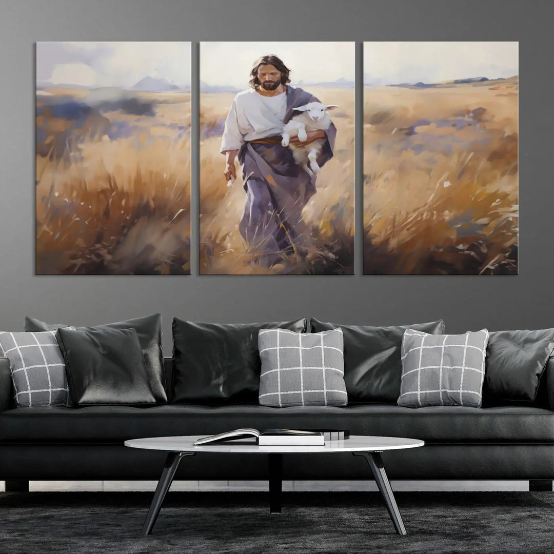 Introducing the Jesus the Good Shepherd Wall Art Canvas Print - Lost Lamb: a captivating triptych depicting a robed man holding a lamb in a radiant golden field. This elegant piece is perfect for adding a touch of traditional Christian decor to your living space, seamlessly blending faith with contemporary style.