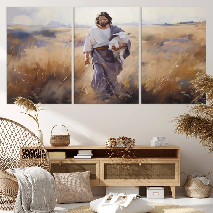 Introducing the Jesus the Good Shepherd Wall Art Canvas Print - Lost Lamb: a captivating triptych depicting a robed man holding a lamb in a radiant golden field. This elegant piece is perfect for adding a touch of traditional Christian decor to your living space, seamlessly blending faith with contemporary style.