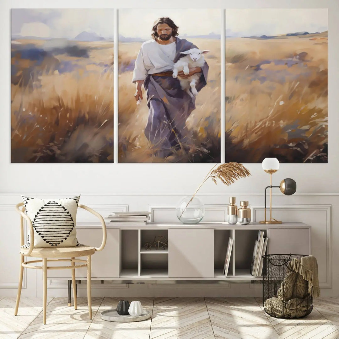 Introducing the Jesus the Good Shepherd Wall Art Canvas Print - Lost Lamb: a captivating triptych depicting a robed man holding a lamb in a radiant golden field. This elegant piece is perfect for adding a touch of traditional Christian decor to your living space, seamlessly blending faith with contemporary style.