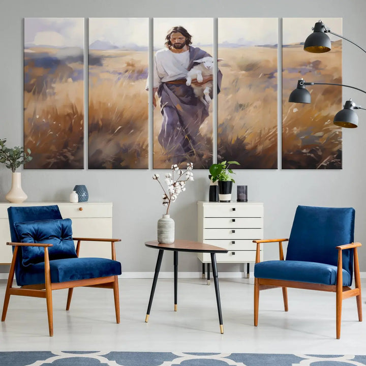 Introducing the Jesus the Good Shepherd Wall Art Canvas Print - Lost Lamb: a captivating triptych depicting a robed man holding a lamb in a radiant golden field. This elegant piece is perfect for adding a touch of traditional Christian decor to your living space, seamlessly blending faith with contemporary style.