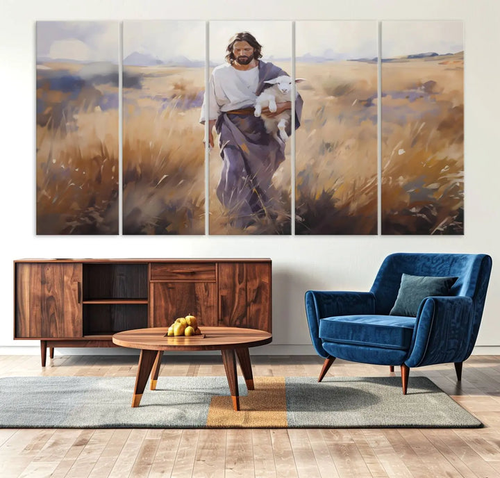 Introducing the Jesus the Good Shepherd Wall Art Canvas Print - Lost Lamb: a captivating triptych depicting a robed man holding a lamb in a radiant golden field. This elegant piece is perfect for adding a touch of traditional Christian decor to your living space, seamlessly blending faith with contemporary style.