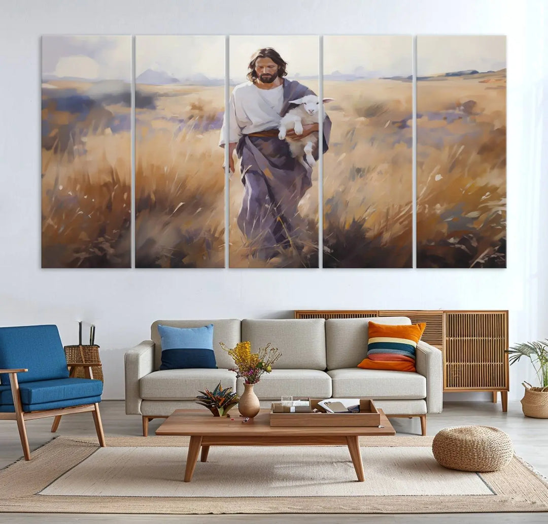 Introducing the Jesus the Good Shepherd Wall Art Canvas Print - Lost Lamb: a captivating triptych depicting a robed man holding a lamb in a radiant golden field. This elegant piece is perfect for adding a touch of traditional Christian decor to your living space, seamlessly blending faith with contemporary style.