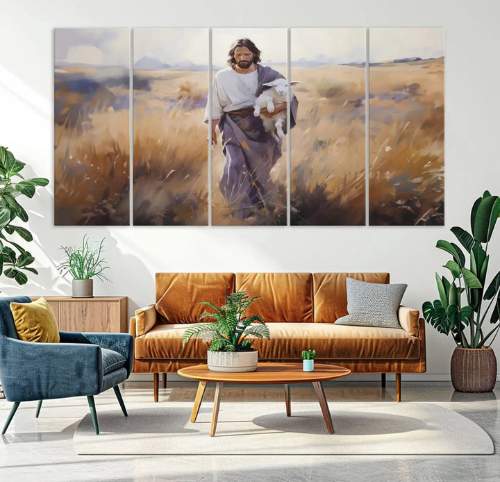 Introducing the Jesus the Good Shepherd Wall Art Canvas Print - Lost Lamb: a captivating triptych depicting a robed man holding a lamb in a radiant golden field. This elegant piece is perfect for adding a touch of traditional Christian decor to your living space, seamlessly blending faith with contemporary style.