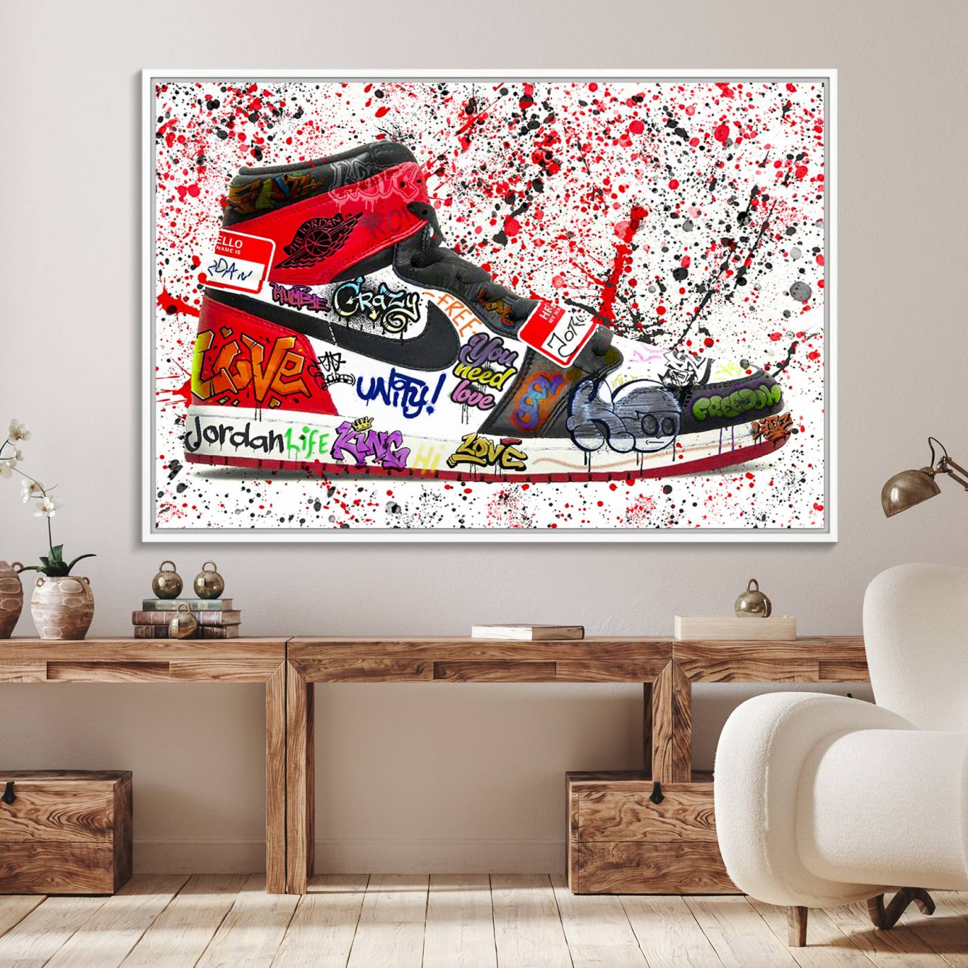 38836-MGV-FC-36X24_White-Jordan Shoes Graffiti Wall Art Canvas Print- Jordan Graffiti Canvas Wall Art - Framed Perfect for Sneaker heads and Urban Art Lovers