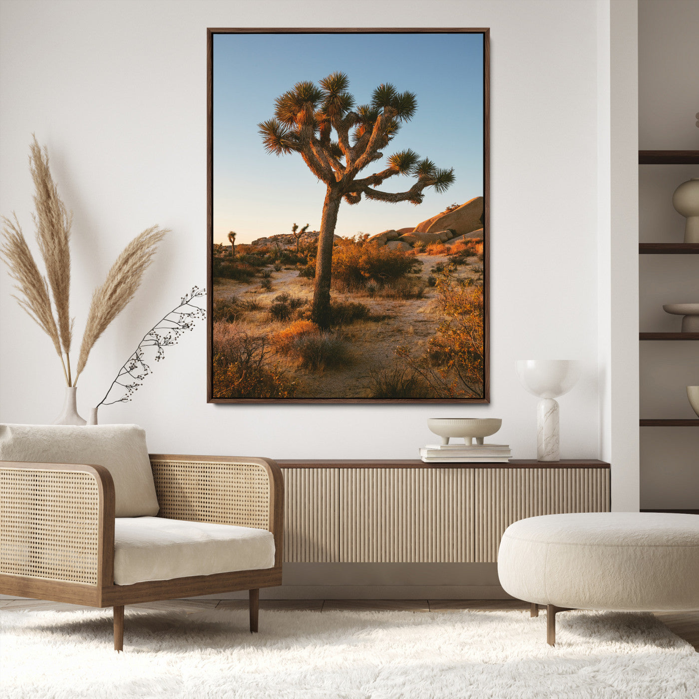 Joshua Tree Artwork Canvas Print, Desert Sunset Print, Framed Golden Hour Light Art Print, Large Southwestern Landscape Printing, Framed