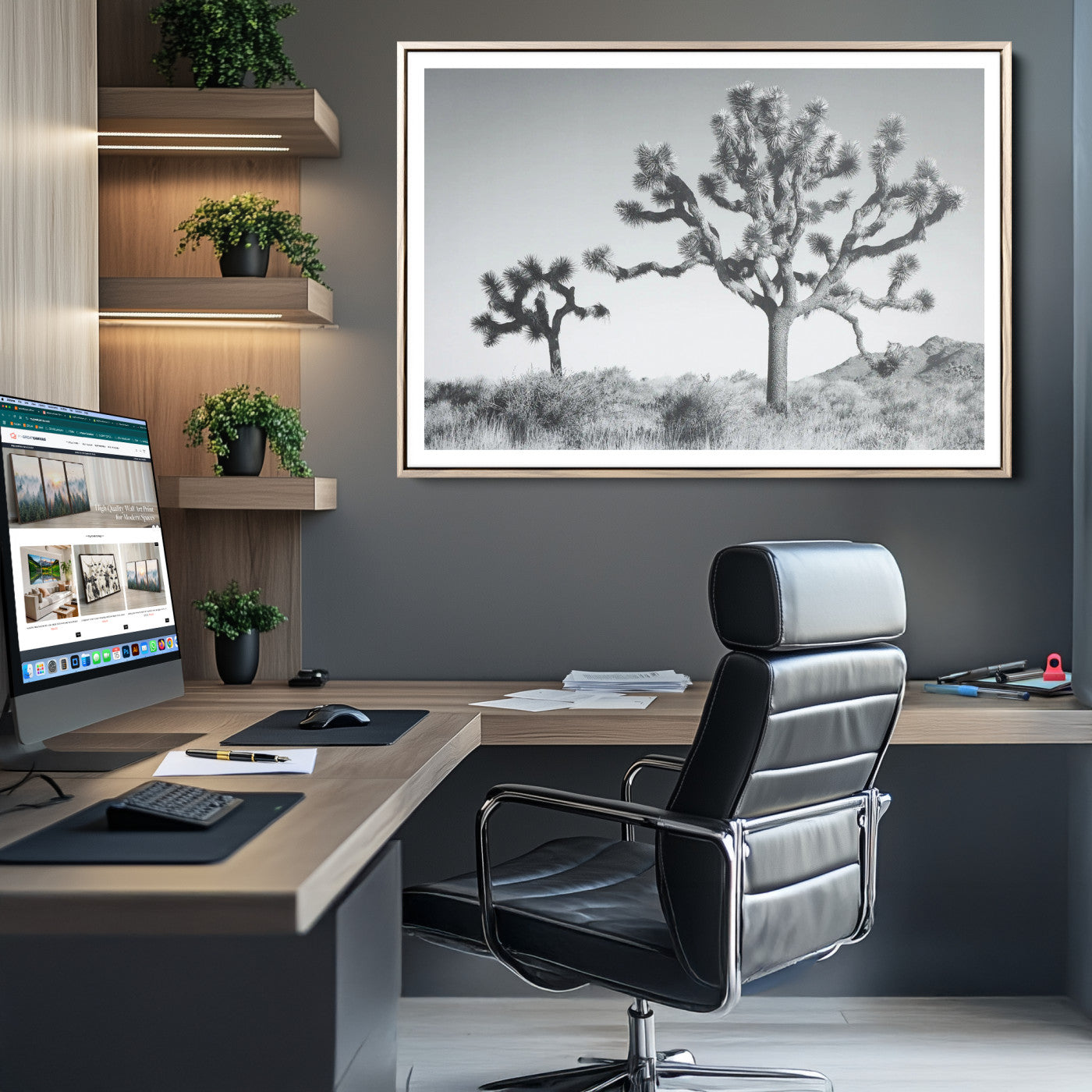 29996209-MGC-FP-36x24_Natural-Joshua Tree Wall Art Canvas Print, Framed Black White Landscape Art Picture Print, Desert Tree Decor Perfect Southwestern Decor