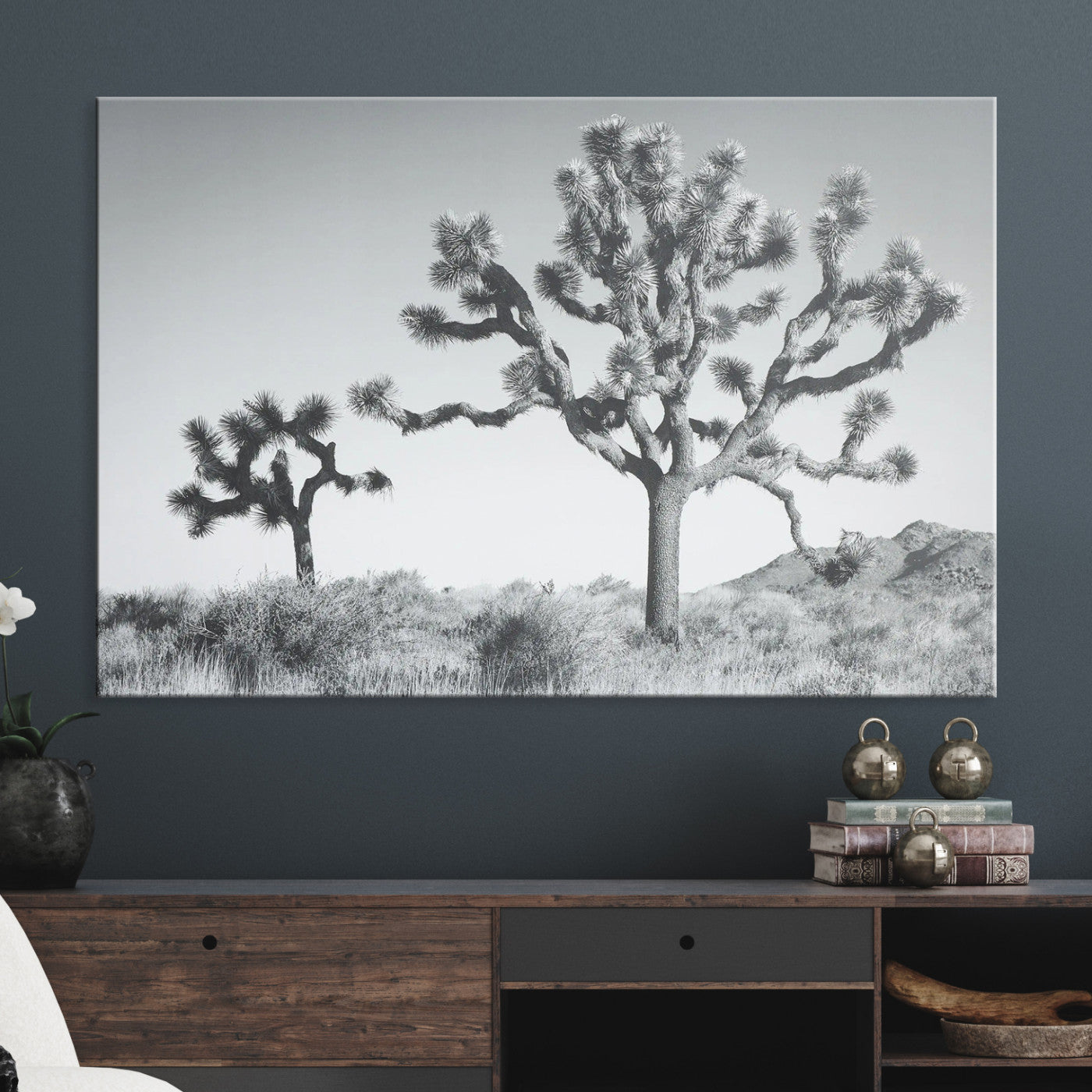 29996209-MGV-CV-36X24-Joshua Tree Wall Art Canvas Print, Framed Black White Landscape Art Picture Print, Desert Tree Decor Perfect Southwestern Decor