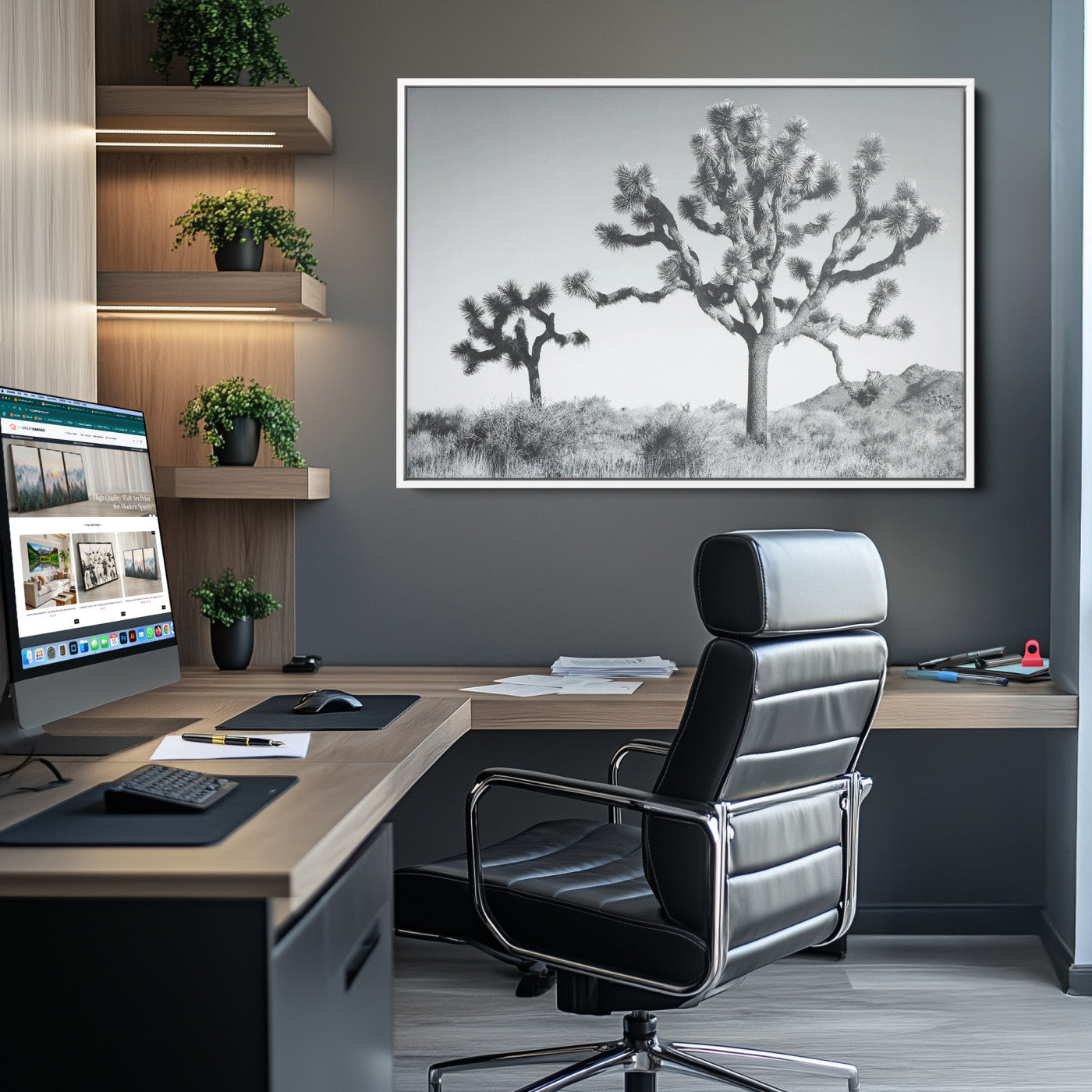 29996209-MGV-CV-36X24-Joshua Tree Wall Art Canvas Print, Framed Black White Landscape Art Picture Print, Desert Tree Decor Perfect Southwestern Decor