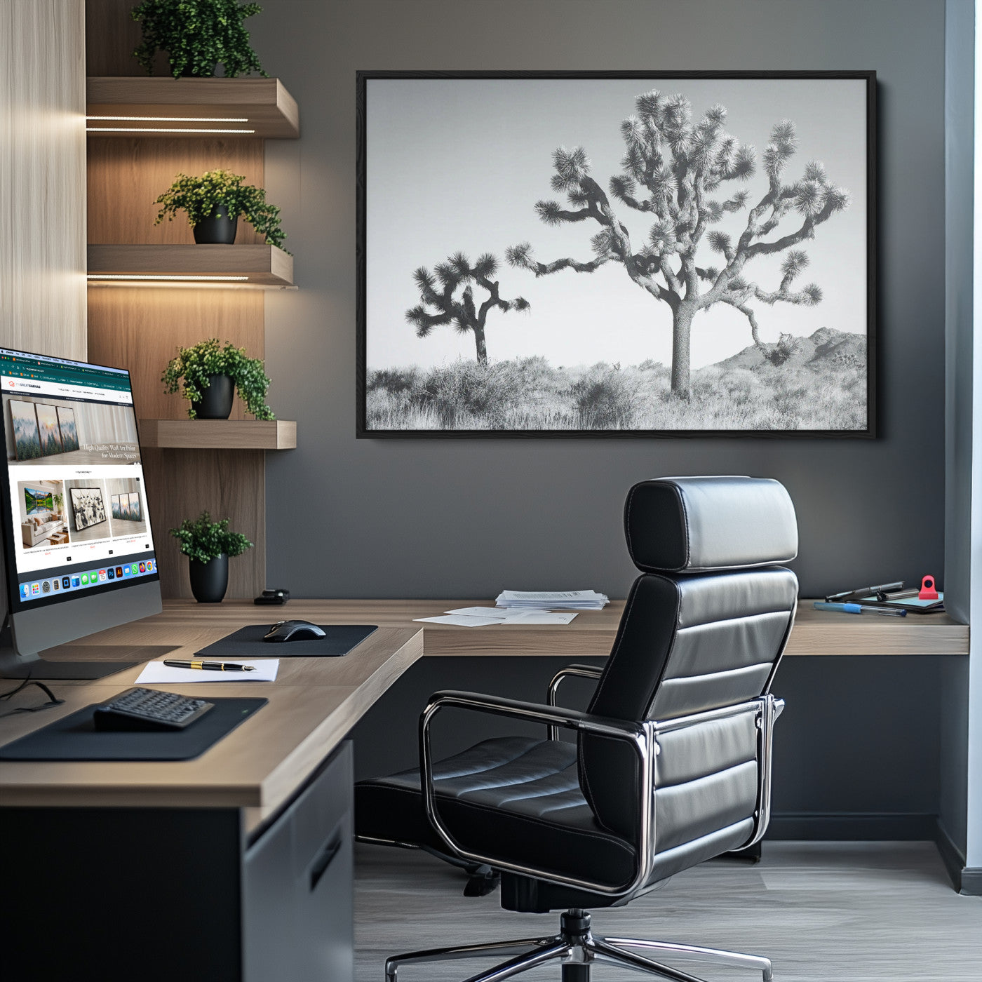 29996209-MGV-CV-36X24-Joshua Tree Wall Art Canvas Print, Framed Black White Landscape Art Picture Print, Desert Tree Decor Perfect Southwestern Decor