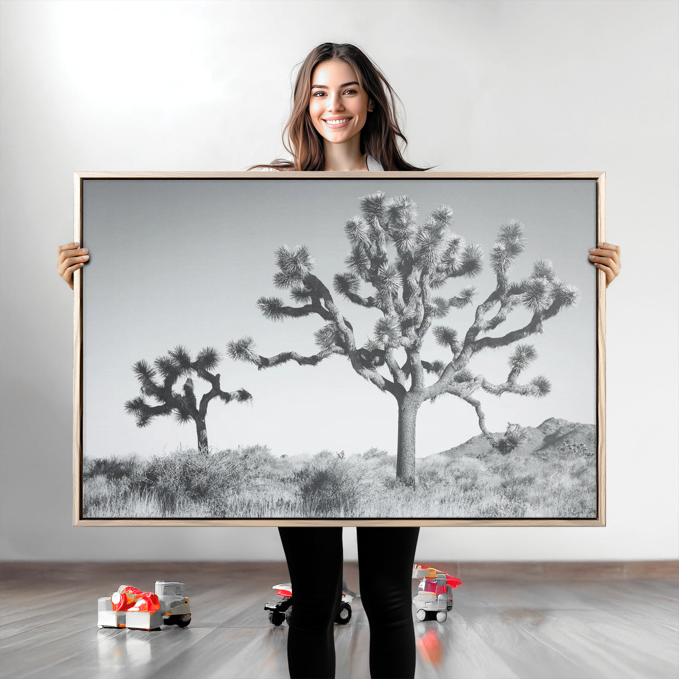 29996209-MGV-CV-36X24-Joshua Tree Wall Art Canvas Print, Framed Black White Landscape Art Picture Print, Desert Tree Decor Perfect Southwestern Decor