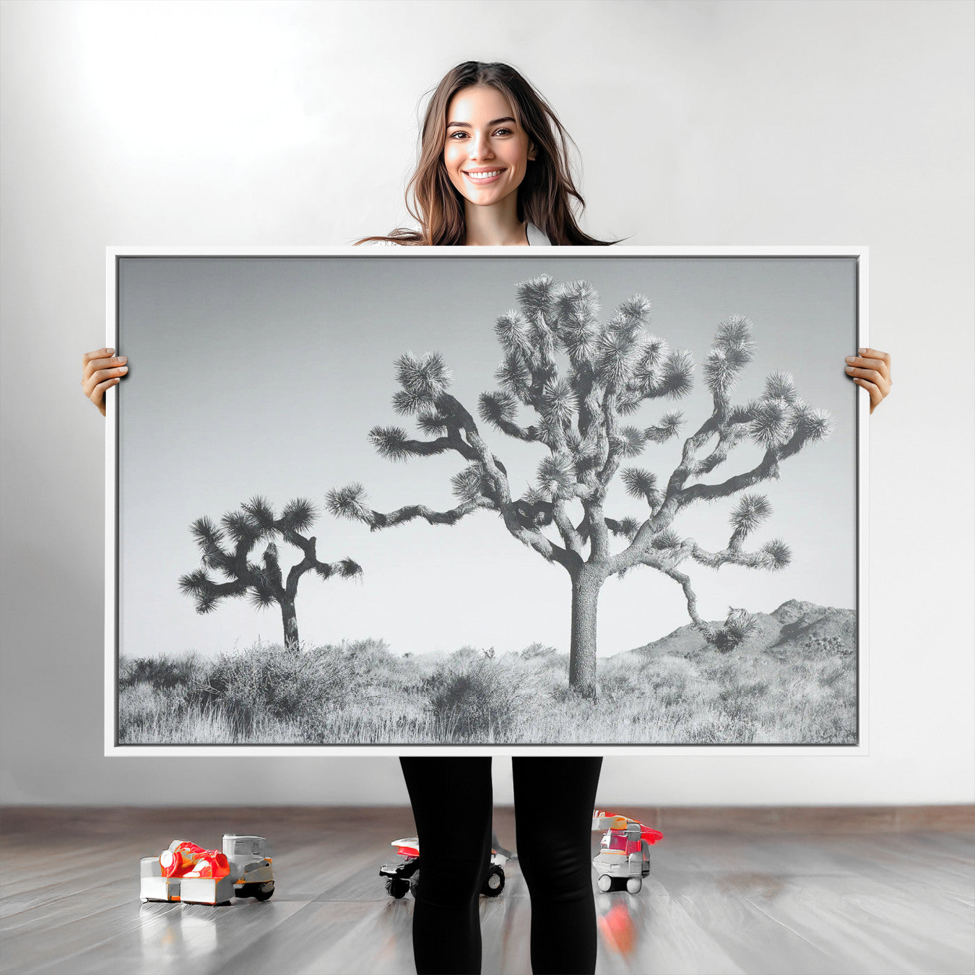 29996209-MGV-CV-36X24-Joshua Tree Wall Art Canvas Print, Framed Black White Landscape Art Picture Print, Desert Tree Decor Perfect Southwestern Decor