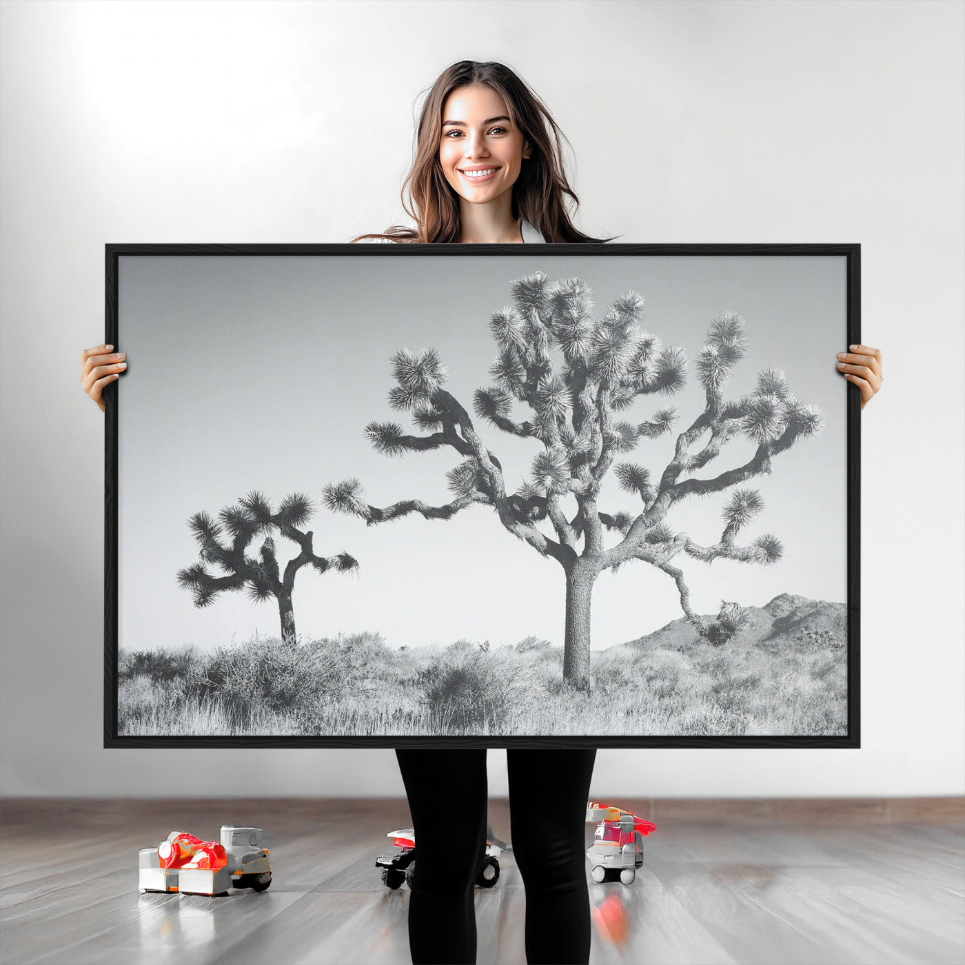 29996209-MGV-CV-36X24-Joshua Tree Wall Art Canvas Print, Framed Black White Landscape Art Picture Print, Desert Tree Decor Perfect Southwestern Decor