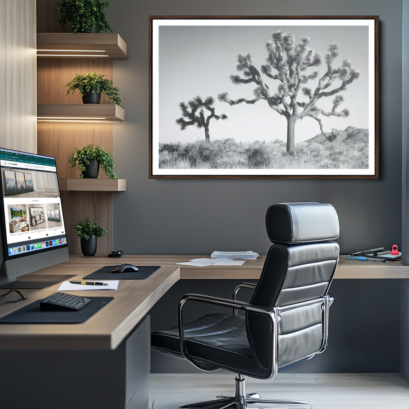 29996209-MGV-CV-36X24-Joshua Tree Wall Art Canvas Print, Framed Black White Landscape Art Picture Print, Desert Tree Decor Perfect Southwestern Decor