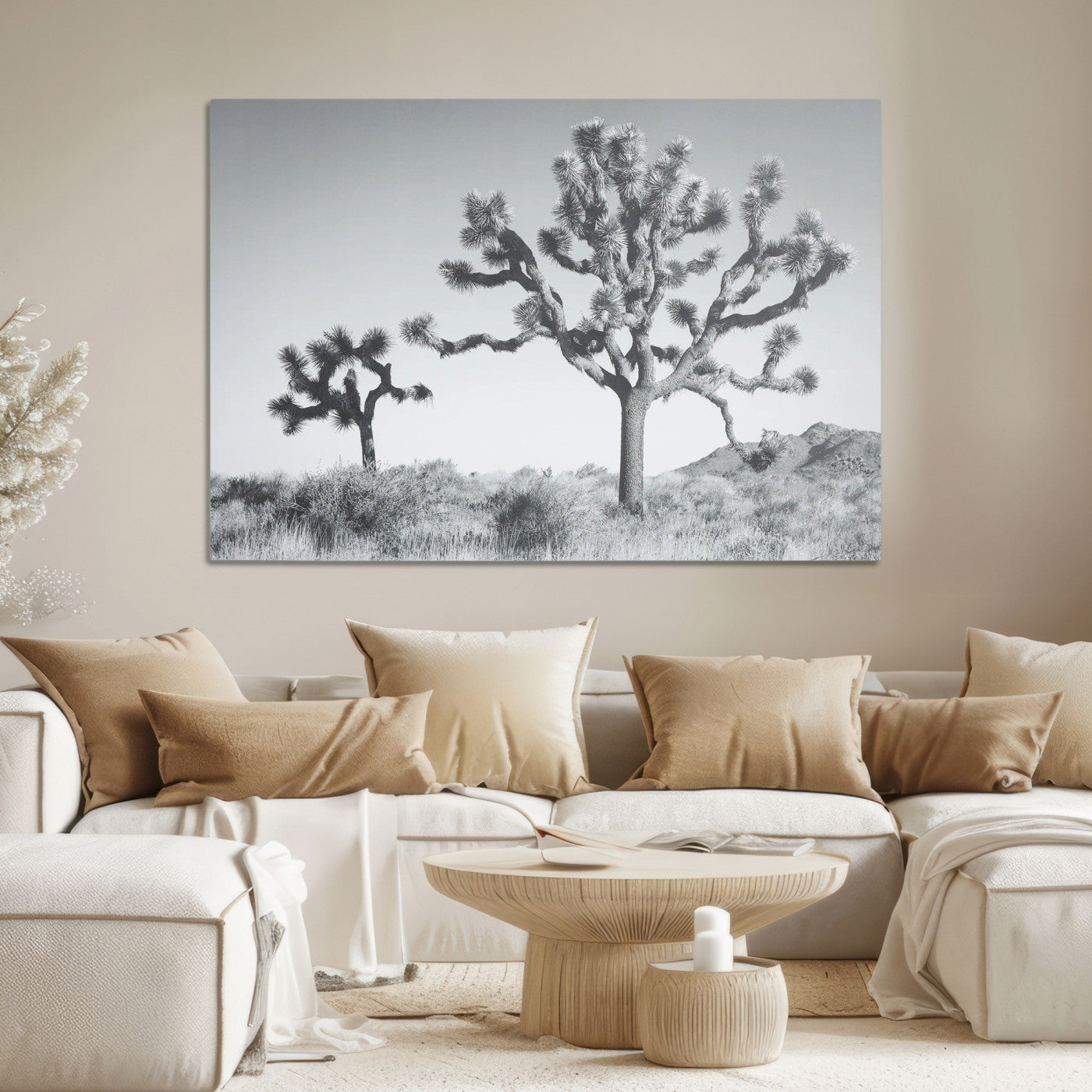 29996209-MGV-CV-36X24-Joshua Tree Wall Art Canvas Print, Framed Black White Landscape Art Picture Print, Desert Tree Decor Perfect Southwestern Decor