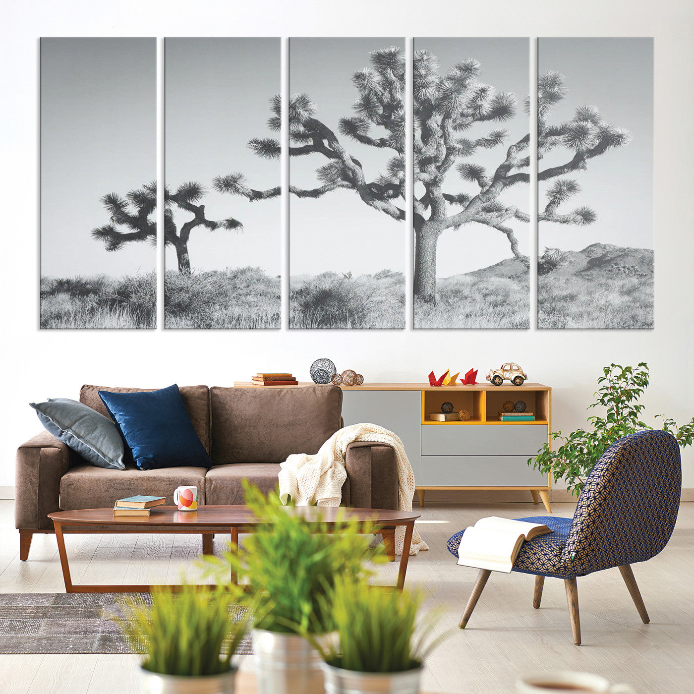29996209-MGV-CV-60X31-5P-Joshua Tree Wall Art Canvas Print, Framed Black White Landscape Art Picture Print, Desert Tree Decor Perfect Southwestern Decor