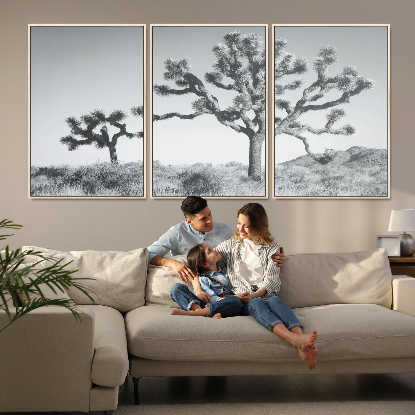 29996209-MGV-FC-60X30-3P_Natural-Joshua Tree Wall Art Canvas Print, Framed Black White Landscape Art Picture Print, Desert Tree Decor Perfect Southwestern Decor