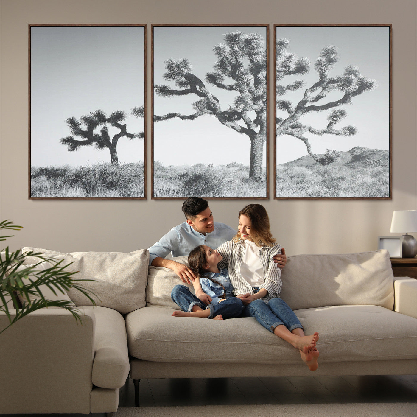 29996209-MGV-FC-60X30-3P_Walnut-Joshua Tree Wall Art Canvas Print, Framed Black White Landscape Art Picture Print, Desert Tree Decor Perfect Southwestern Decor
