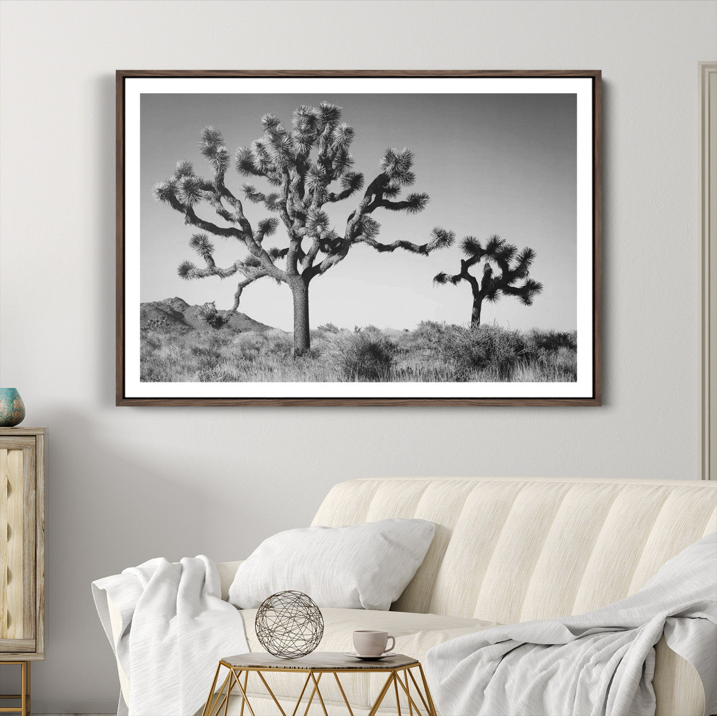 93692513-MGC-FP-36x24_Walnut-Joshua Tree Wall Art Canvas Print, Monochrome Desert Print, Framed Minimalist Nature Scene Art Print, Large Black White Landscape Printing