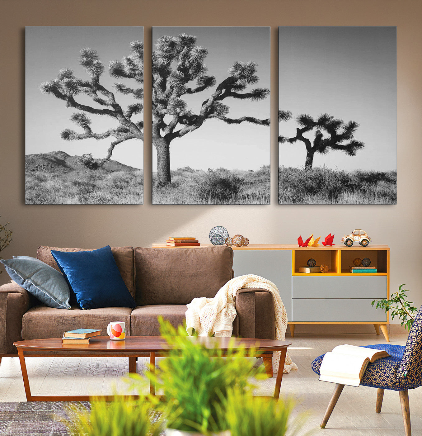 93692513-MGV-CV-36X24-Joshua Tree Wall Art Canvas Print, Monochrome Desert Print, Framed Minimalist Nature Scene Art Print, Large Black White Landscape Printing