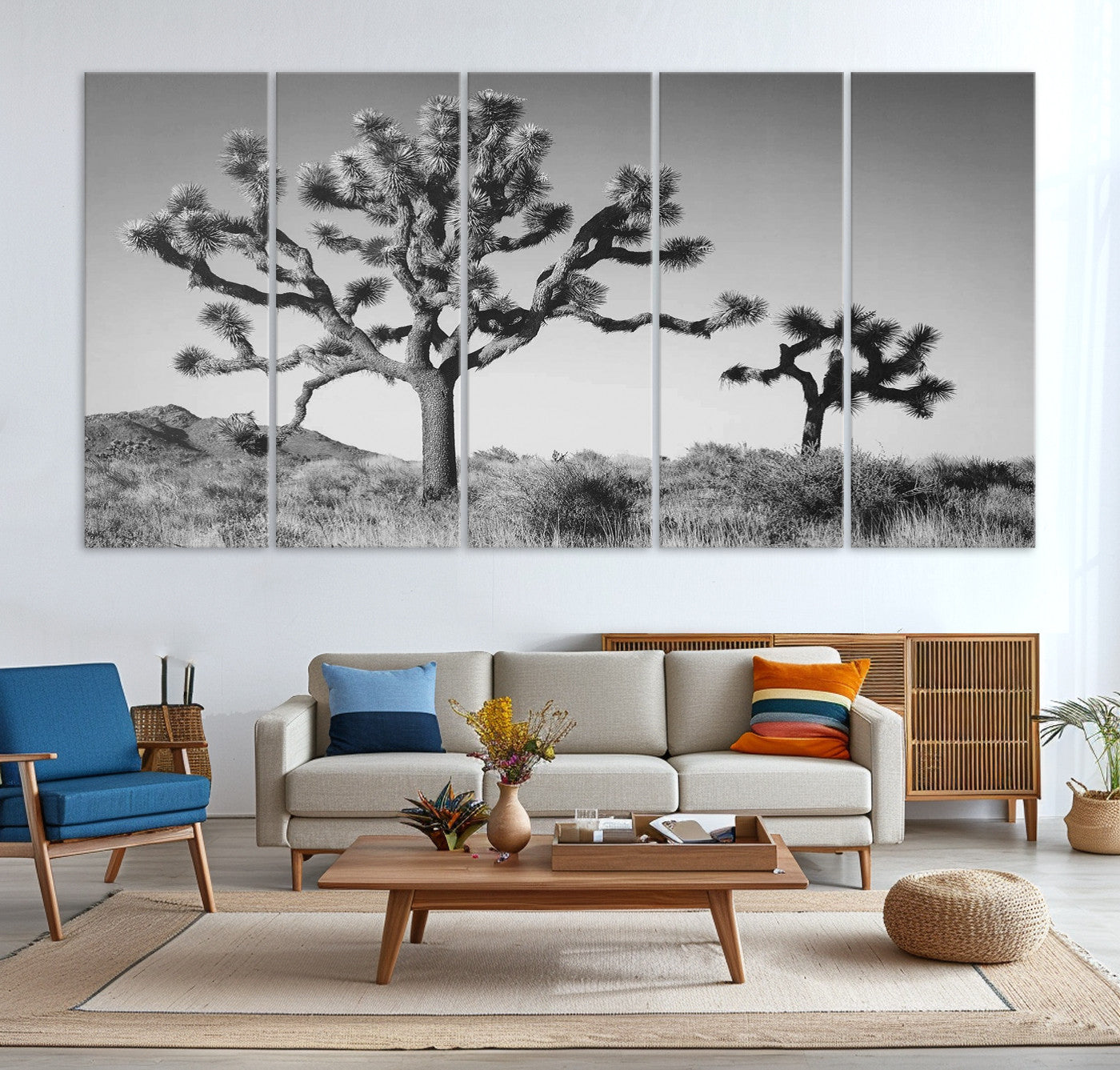 93692513-MGV-CV-36X24-Joshua Tree Wall Art Canvas Print, Monochrome Desert Print, Framed Minimalist Nature Scene Art Print, Large Black White Landscape Printing