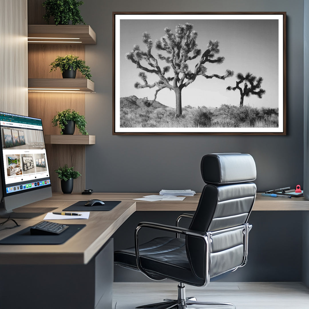 Joshua Tree Wall Art Canvas Print, Monochrome Desert Print, Framed Minimalist Nature Scene Art Print, Large Black White Landscape Printing
