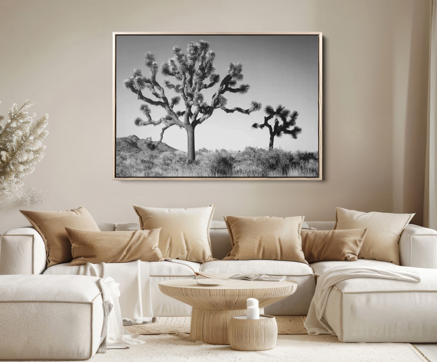 93692513-MGV-FC-36X24_Natural-Joshua Tree Wall Art Canvas Print, Monochrome Desert Print, Framed Minimalist Nature Scene Art Print, Large Black White Landscape Printing