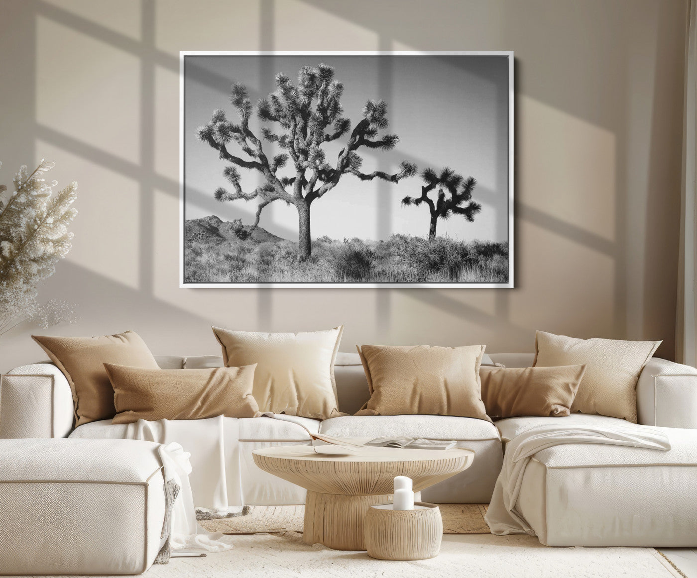 93692513-MGV-FC-36X24_White-Joshua Tree Wall Art Canvas Print, Monochrome Desert Print, Framed Minimalist Nature Scene Art Print, Large Black White Landscape Printing