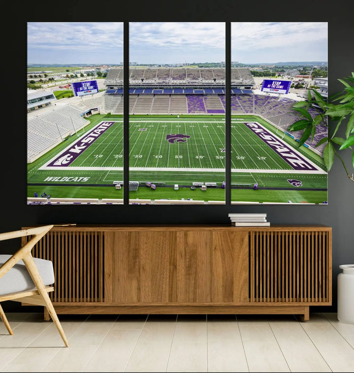 The KState Wildcats Football Team Print, featuring the Manhattan Bill Snyder Family Football Stadium on a premium canvas, is elegantly showcased in the modern room.