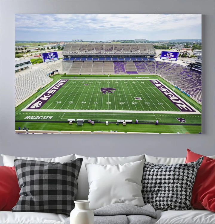 The KState Wildcats Football Team Print, featuring the Manhattan Bill Snyder Family Football Stadium on a premium canvas, is elegantly showcased in the modern room.