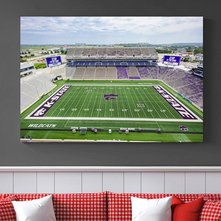 The KState Wildcats Football Team Print, featuring the Manhattan Bill Snyder Family Football Stadium on a premium canvas, is elegantly showcased in the modern room.