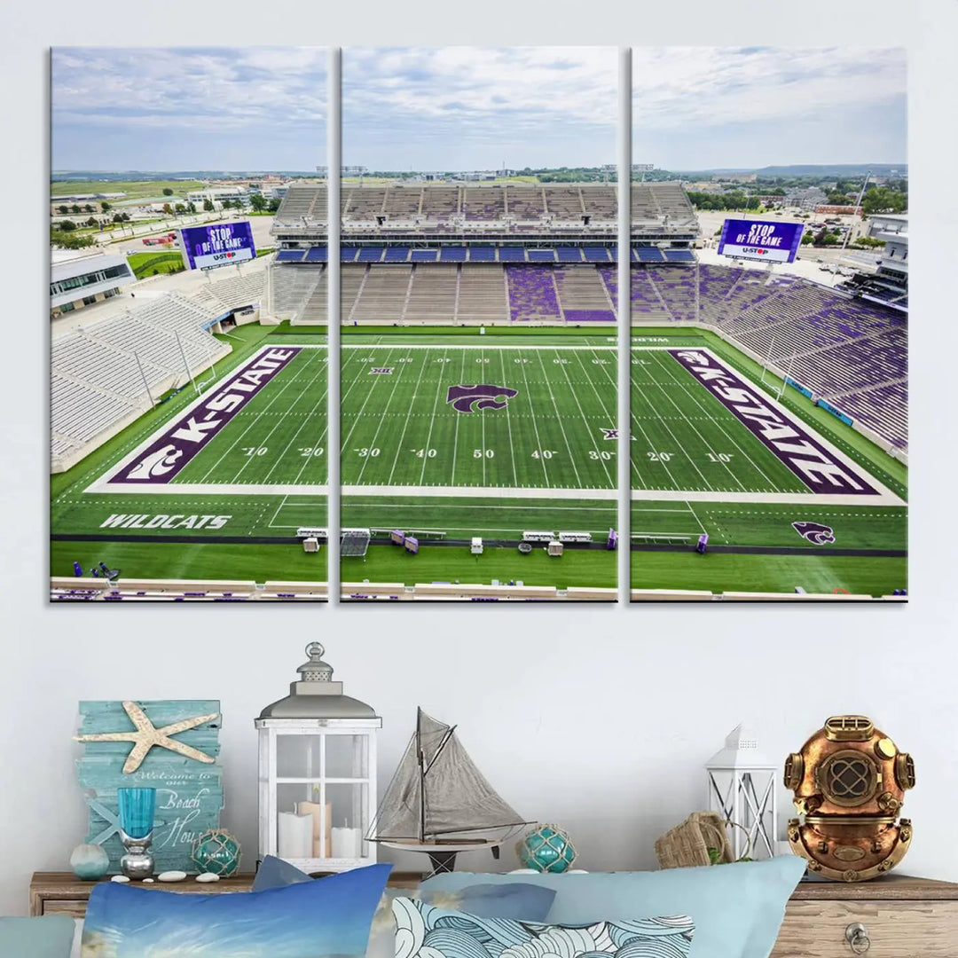 The KState Wildcats Football Team Print, featuring the Manhattan Bill Snyder Family Football Stadium on a premium canvas, is elegantly showcased in the modern room.