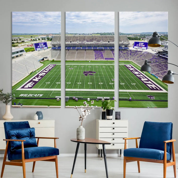 The KState Wildcats Football Team Print, featuring the Manhattan Bill Snyder Family Football Stadium on a premium canvas, is elegantly showcased in the modern room.