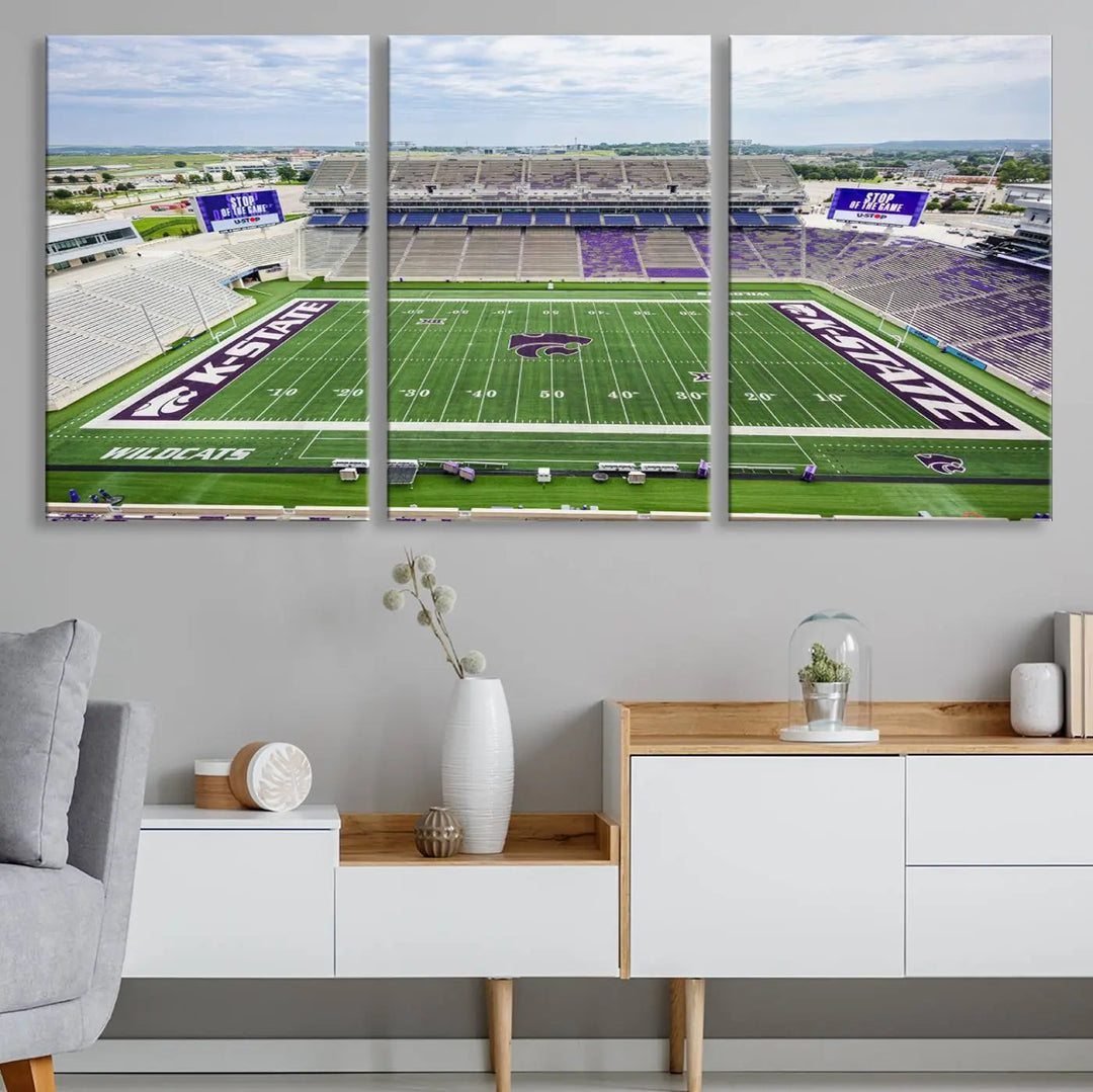 The KState Wildcats Football Team Print, featuring the Manhattan Bill Snyder Family Football Stadium on a premium canvas, is elegantly showcased in the modern room.